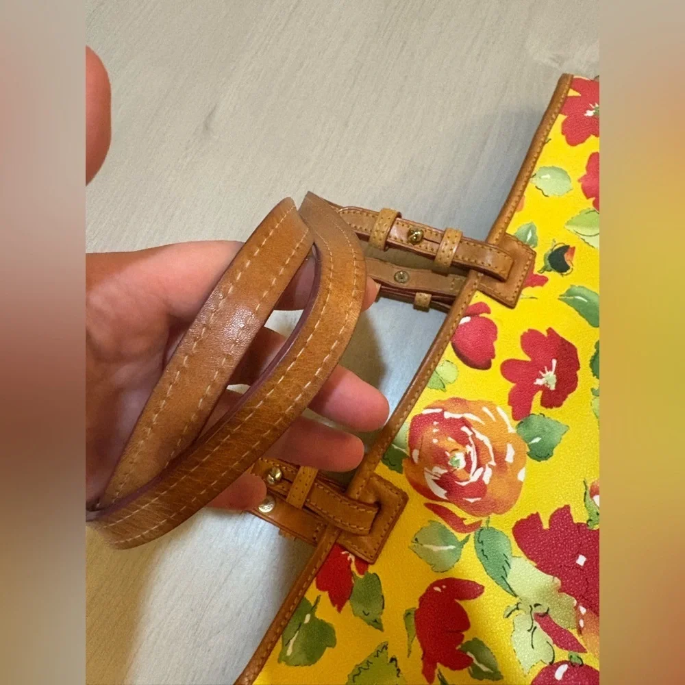 Dooney & Bourke Yellow Tote with Red Floral Design 16X11" with dusty bag. - Picture 5 of 12